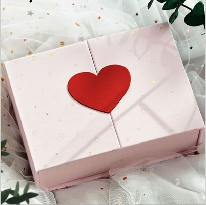 Gift Packaging Square Pink Heart Decoration Double Doors Cosmetic Box with Ribbon Closure