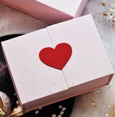 Gift Packaging Square Pink Heart Decoration Double Doors Cosmetic Box with Ribbon Closure